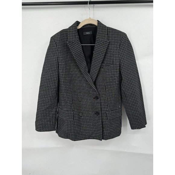 Theory Jackets & Blazers - Theory Blazer Women 4 Black Grid Plaid Stretch Double Breasted NEW Formal Cotton